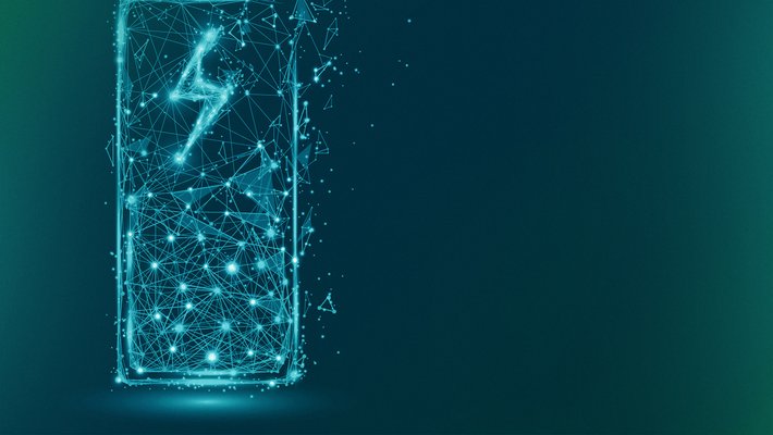 Illustration of a battery on a blue and green background