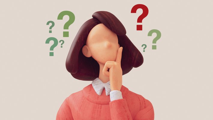 An artist's cartoon of a woman thinking with question marks floating around her head.