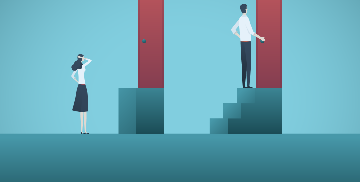 On the right, a man goes up a short staircase to open a door; on the left, a woman stands at the bottom of her short staircase and looks confused.