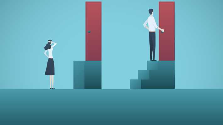 On the right, a man goes up a short staircase to open a door; on the left, a woman stands at the bottom of her short staircase and looks confused.