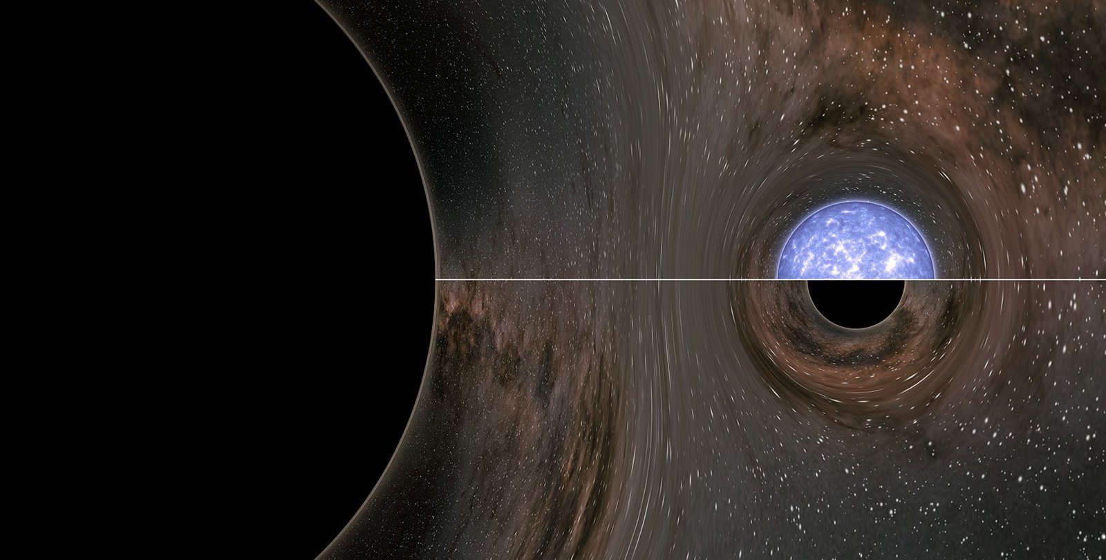 Artwork showing a black hole merging with a black hole or neutron star.
