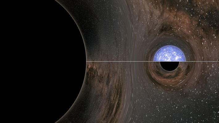 Artwork showing a black hole merging with a black hole or neutron star.