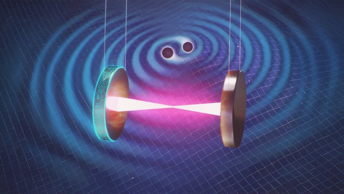 hanging mirrors are seen with lasers between them and ripples in space-time in the background