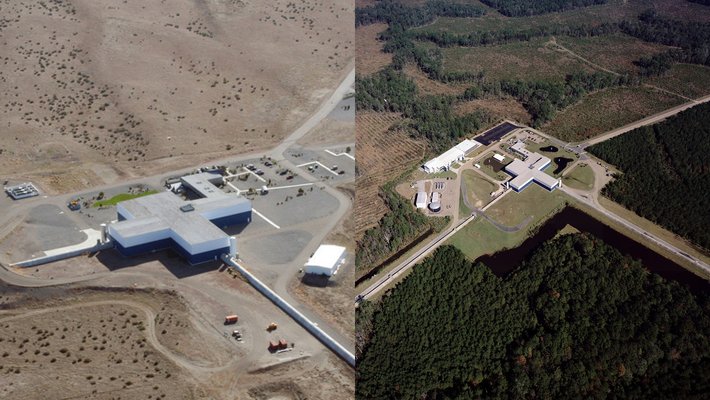 Side-by-side-by of the twin LIGO detector buildings.