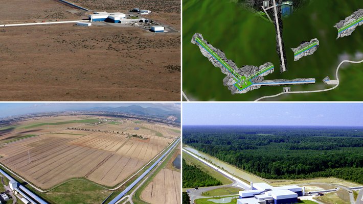 Photos of KAGRA, LIGO, and Virgo.