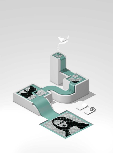 Artistic interpretation of a three-step “fractal assembly” of the Mona Lisa from DNA origami tiles.
