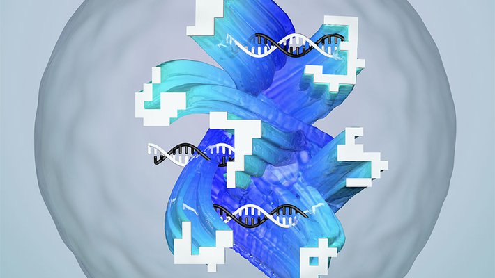 Conceptual illustration of a droplet containing an artificial neural network made of DNA that has been designed to recognize complex and noisy molecular information, represented as 'molecular handwriting.'