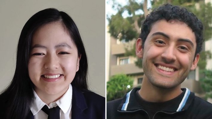 A composite photo with an image of a young woman smiling in a suit on the left and an image of a young man smiling wearing a black  pullover with a striped collar