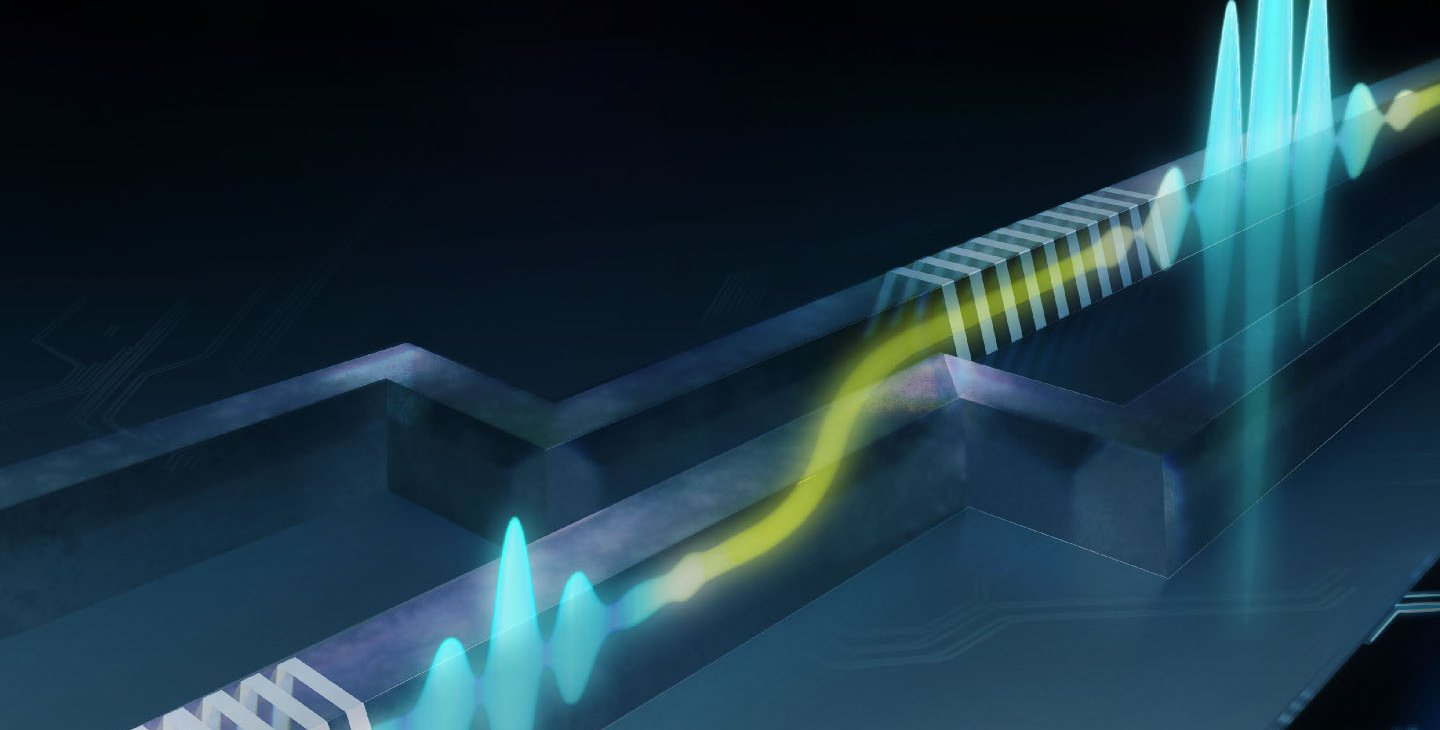 Artistic illustration of a few-cycle squeezed vacuum followed by its all-optical measurement on a nanophotonic chip.
