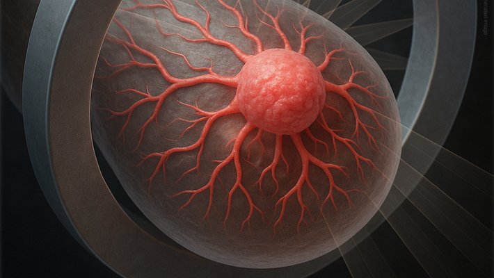 an AI assisted representation of a breast with a tumor being scanned in the new system