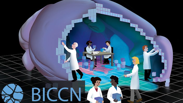 An illustration of people in lab coats working together to build a brain with building blocks
