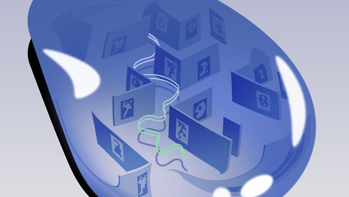A blue droplet containing a maze of images and a green strand representing DNA