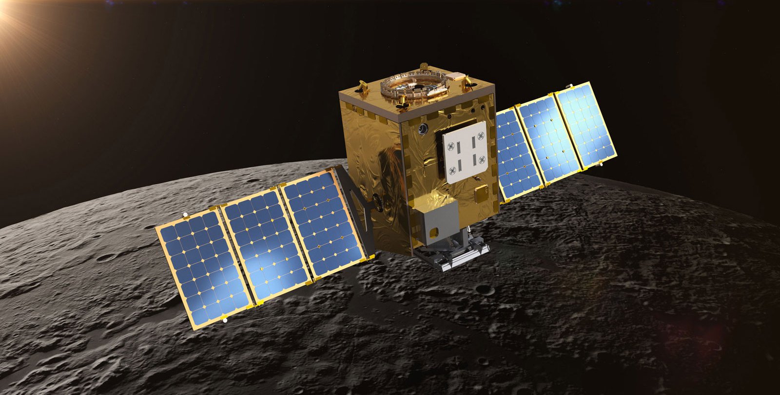 A cubic satellite with rectangular solar panels extending to the left and right. In this artistic rendering, the spacecraft orbits the Moon.