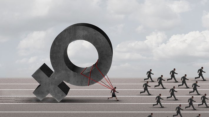 Graphic showing a woman being held back by sexism while men advance