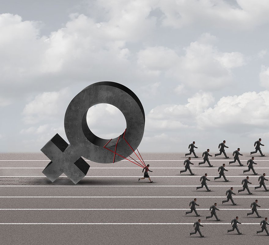 Graphic showing a woman being held back by sexism while men advance