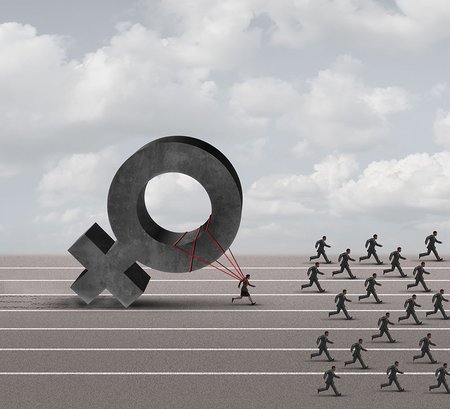 Graphic showing a woman being held back by sexism while men advance
