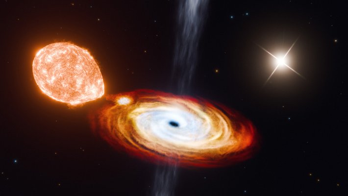 Artwork of the V404 Cygni system, in the black hole is consuming a nearby star.