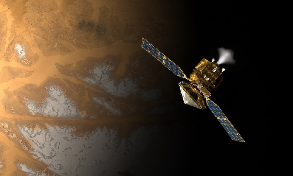 An artist&#x27;s rendering of a satellite above the surface of Mars. Some of the planet&#x27;s surface is covered in ice.