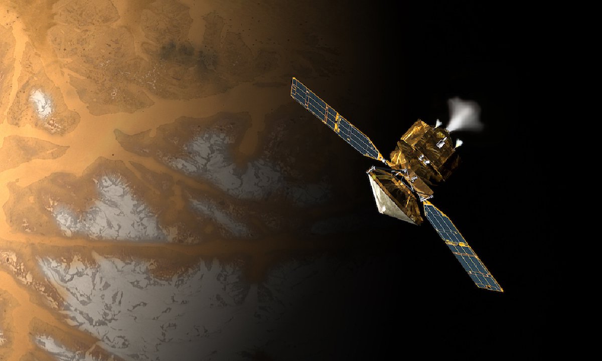 An artist's rendering of a satellite above the surface of Mars. Some of the planet's surface is covered in ice.