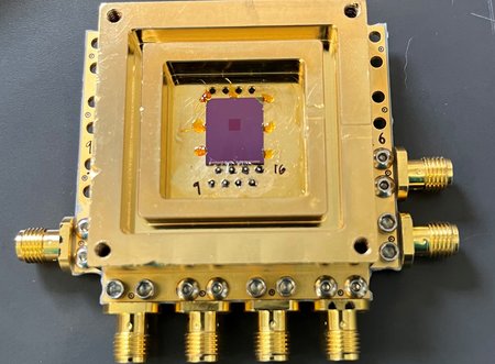 A picture of a gold, square quantum sensor from the study.