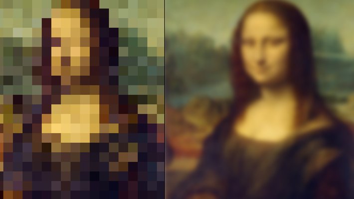 A pixelated Mona Lisa at left, and blurry one with more details at right.