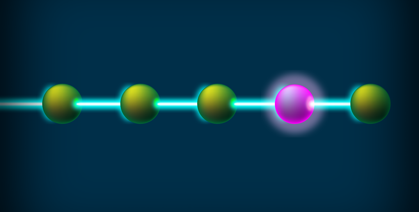 Artwork showing a quantum error glowing in an array of atoms.