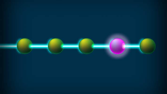 Artwork showing a quantum error glowing in an array of atoms.