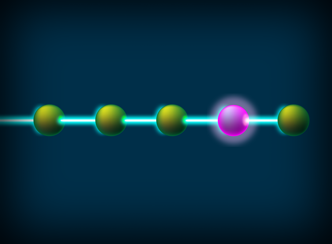 Artwork showing a quantum error glowing in an array of atoms.
