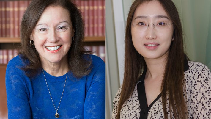 A composite photo of two women smiling for a picture