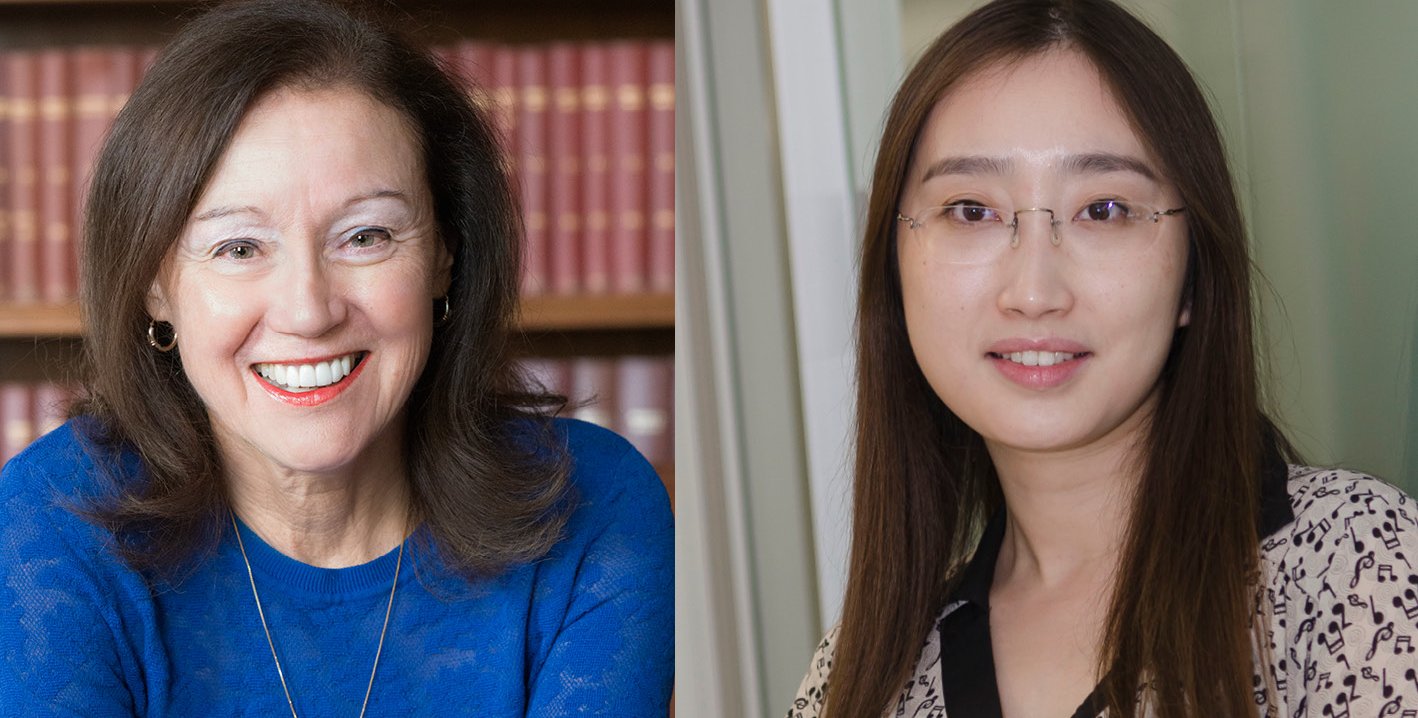 A composite photo of two women smiling for a picture