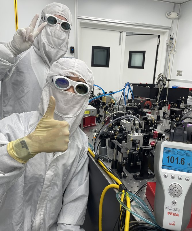 Masayuki Nakano and Torrey Cullen celebrate an engineering milestone at LIGO Livingston.