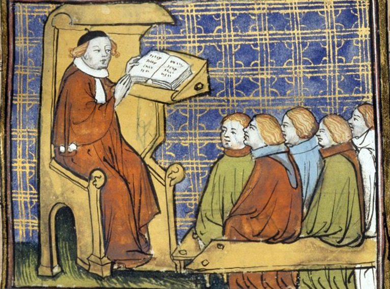 A medieval illustration of a an instructor reading out of a book to students.