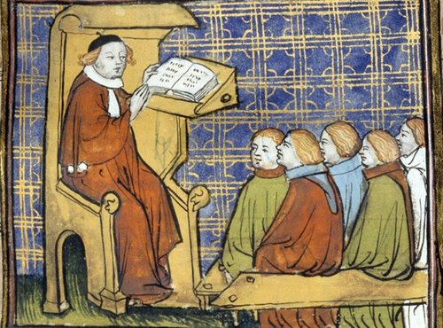 A medieval illustration of a an instructor reading out of a book to students.