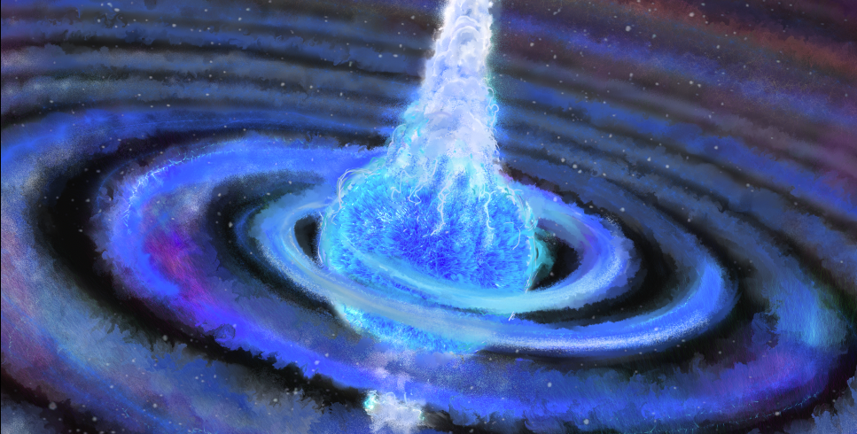 Artwork of a massive star about to explode, after being hit by a black hole or neutron star.