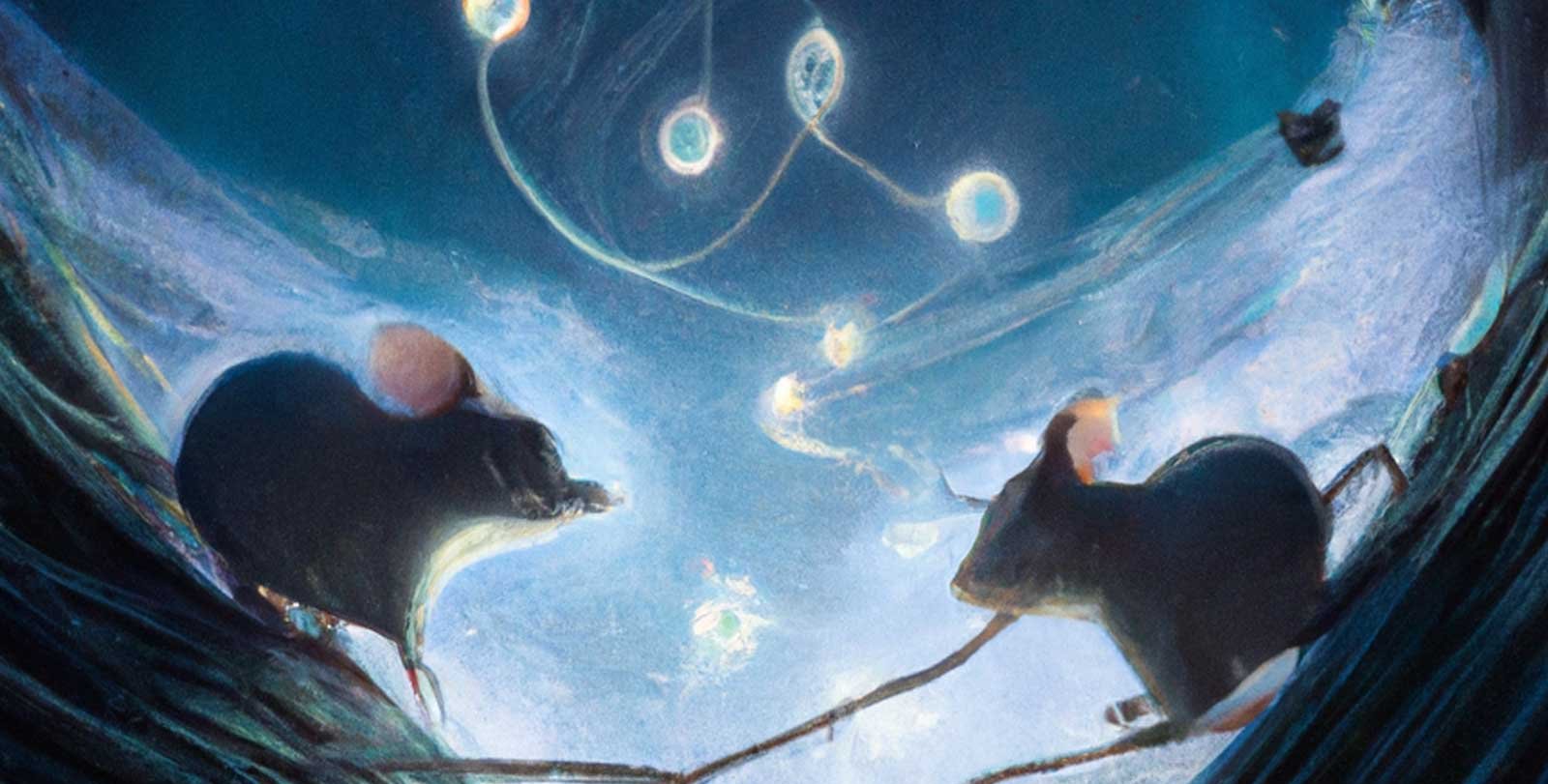Two illustrated mice face one another across a valley, with glowing blue neuron-like objects in the background