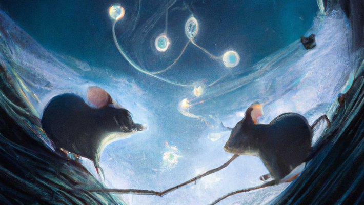 Two illustrated mice face one another across a valley, with glowing blue neuron-like objects in the background