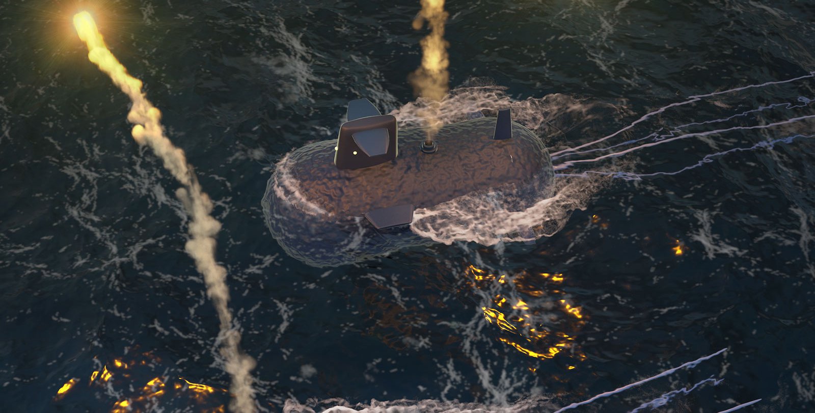 An artist's interpretation of microscopic gas vesicles as submarines on a dark ocean, sending flares up into the sky.