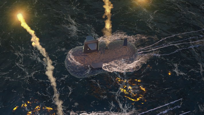 An artist's interpretation of microscopic gas vesicles as submarines on a dark ocean, sending flares up into the sky.