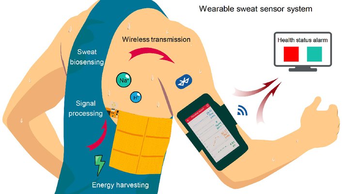 An artist's rendering of how the system works. The generator creates electricity for the sweat sensor, which transmits data wirelessly to a cell phone.