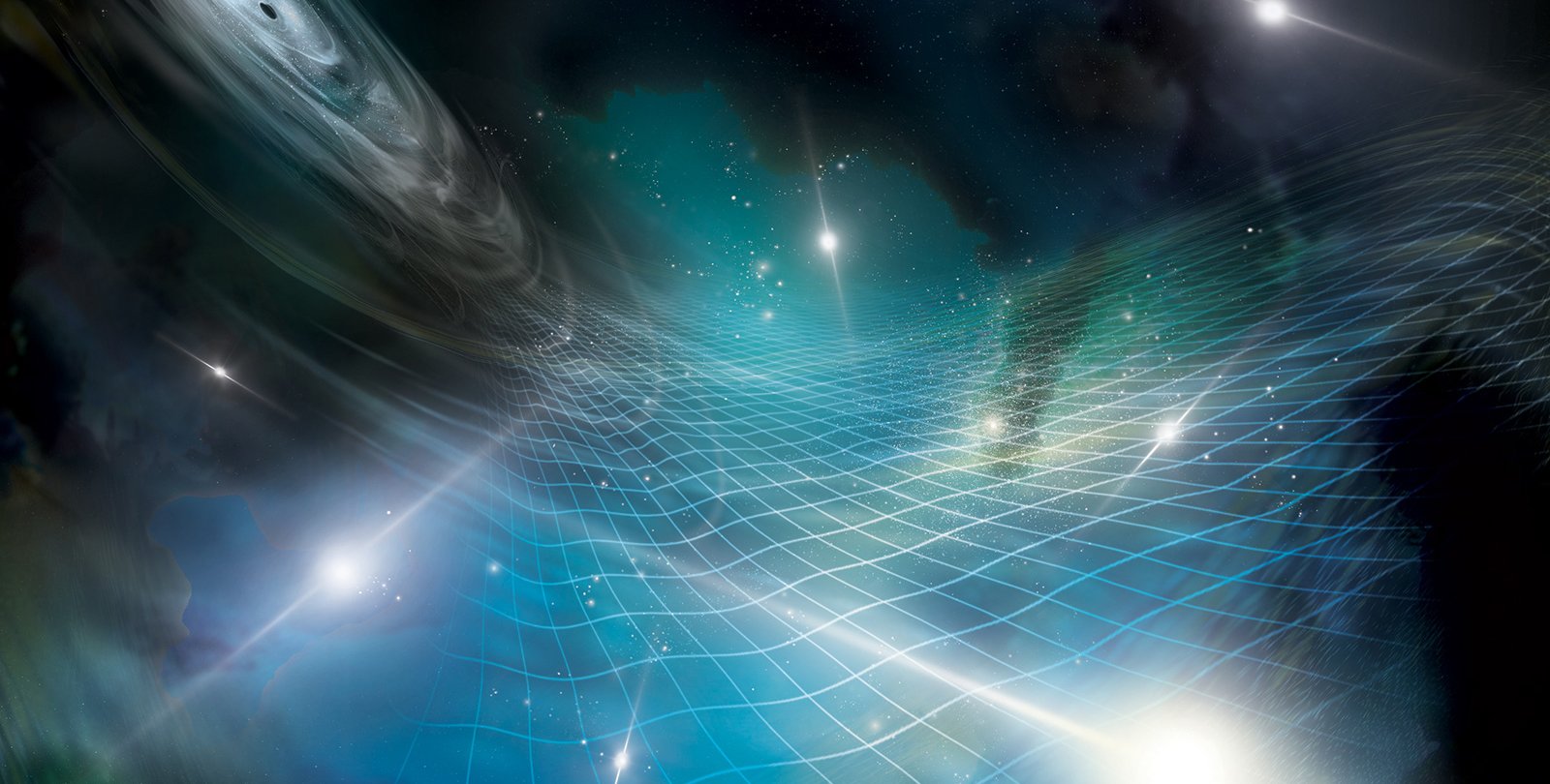 Artist's concept of a network of pulsars that detect gravitational waves from pairs of orbiting supermassive black holes.