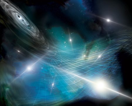 Artist's concept of a network of pulsars that detect gravitational waves from pairs of orbiting supermassive black holes.