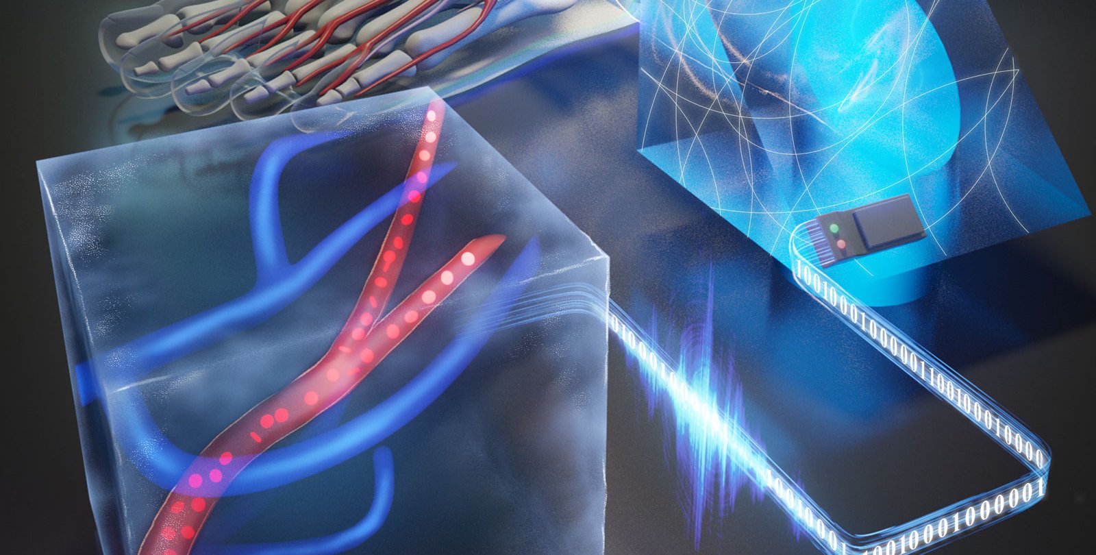 An artists concept of blood vessels being imaged in three dimensions in a human foot.