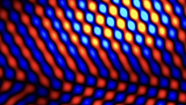 A series of alternating red and blue diagonal bulbous beams with black filling in the gaps. The upper bulbs or cells appear to be illuminated.