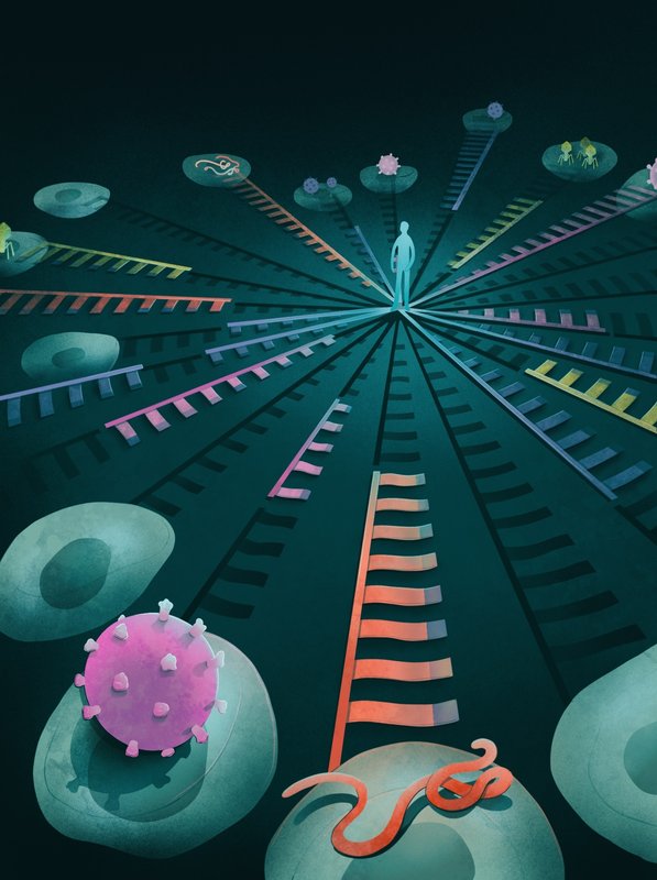 Illustration of a human with genetic sequences radiating outward