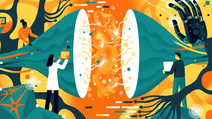 An abstract illustration depicting interconnected neural networks and the collaboration between humans and artificial intelligence