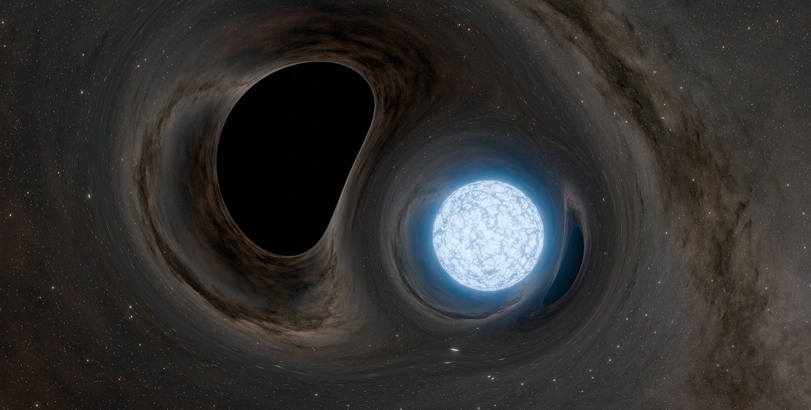 A black hole is next to a cracked white dwarf in this artwork