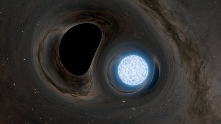 A black hole is next to a cracked white dwarf in this artwork.