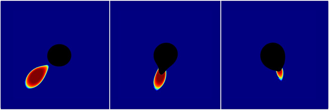 A series of three simulated images showing a black hole eat a neutron star.