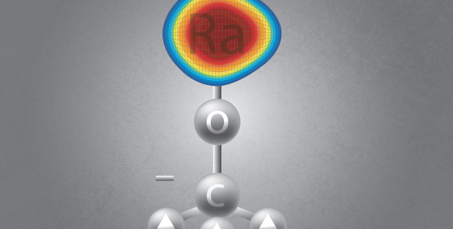 An artistic representation of the structure of the radium monomethoxide ion, or RaOCH3+, used in the new study.