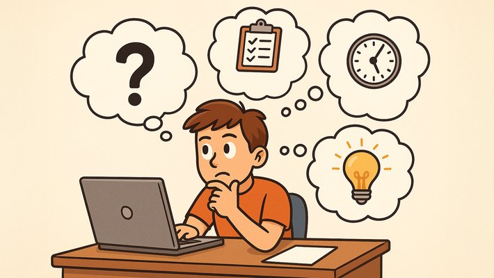 Cartoon of a boy sitting at a desk with a laptop computer open. There are four cartoon thought bubbles, one with a question mark, one with a clock, one with a light bulb, and one with a clipboard.